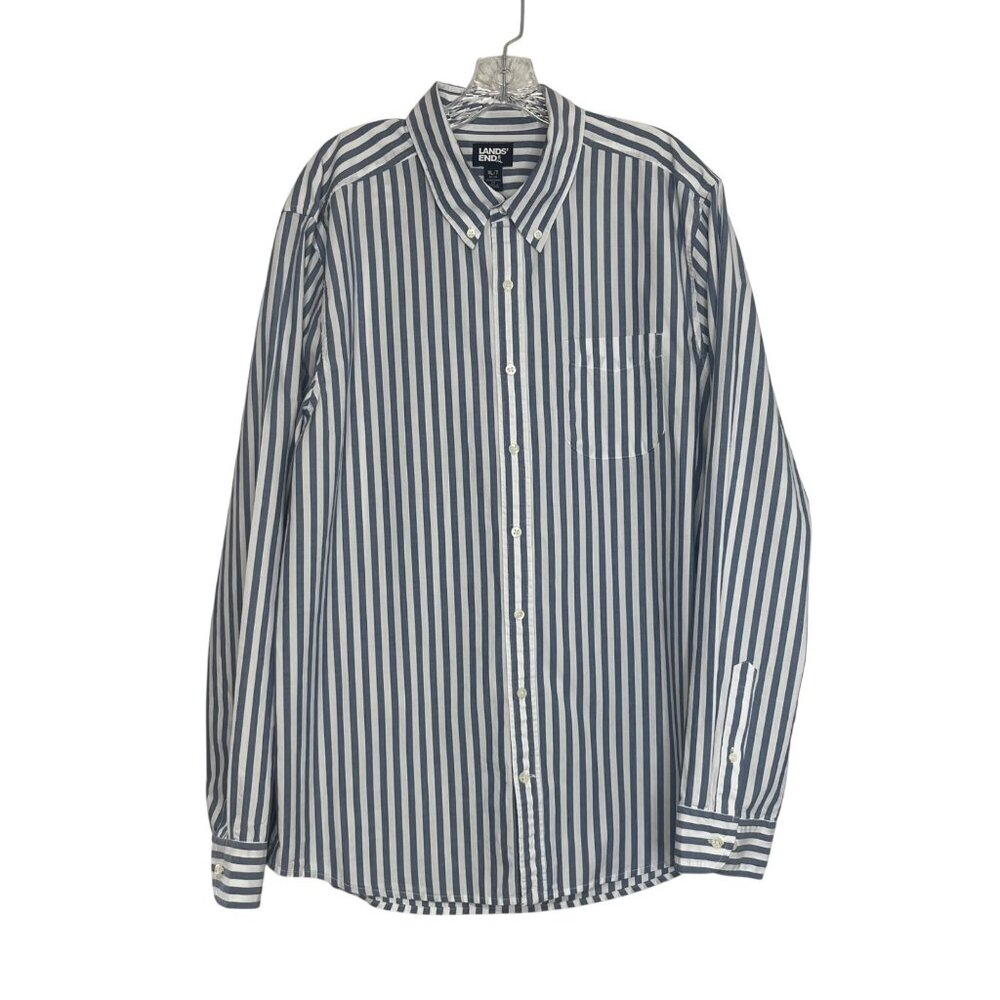 Lands End Button Down Shirt Mens XL Blue White Striped Traditional Fit